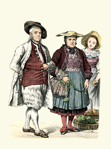 Vintage illustration Traditional costumes of Switzerland, Solothurn and Luzern, 19th Century History of Fashion