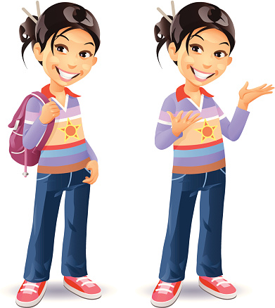 A cute little girl in jeans with a bag over her shoulder, plus a version gesturing with her hands. EPS 8, fully editable, grouped and labeled in layers.