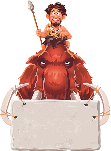 A caveman with a spear riding on a mammoth that has a stone plate fixed on its tusks. Illustration with space for text. EPS 8, fully editable, grouped and labeled in layers.