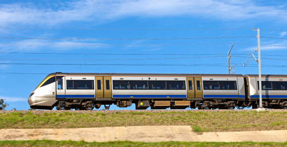 Metro train Gautrain seen going past from OR Tambo Airport. Gautrain is an 80-kilometre mass rapid transit railway system in Gauteng Province, South Africa, which links Johannesburg, Pretoria, and OR Tambo International Airport. It is hoped that this railway will relieve the traffic congestion in the Johannesburg–Pretoria traffic corridor and offer commuters a viable alternative to road transport, as Johannesburg has limited public transport infrastructure.