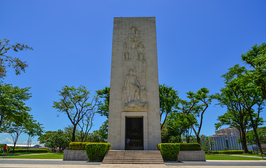 Manila, Philippines - Apr 13, 2017. Stone monument of Manila American Cemetery. Cemetery honors the American and allied servicemen who died in World War II.