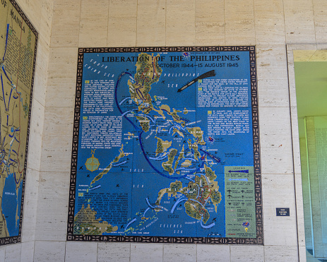 Manila, Philippines - Apr 13, 2017. A historic map of Pacific Battlefield during World War 2 at the American Cemetery in Manila, Philippines.