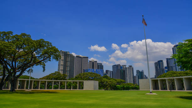 Manila American Cemetery and Memorial Manila, Philippines - Apr 13, 2017. Landscape of Manila American Cemetery. Cemetery honors the American and allied servicemen who died in World War II. taguig stock pictures, royalty-free photos & images