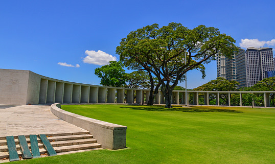 Manila, Philippines - Apr 13, 2017. View of Manila American Cemetery and Memorial in sunny day. Cemetery honors the American and allied servicemen who died in World War II.