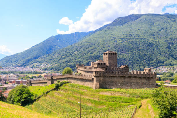 スイスのベリンツォーナにあるモンテベロ城。ユネスコ世界遺産 - ticino canton stone switzerland water ストックフォトと画像