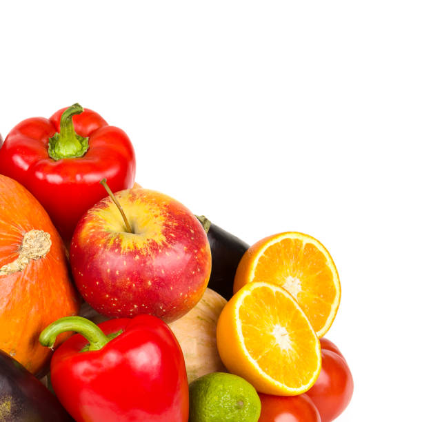 Warious vegetables and fruits isolated on white background. Free space for text.