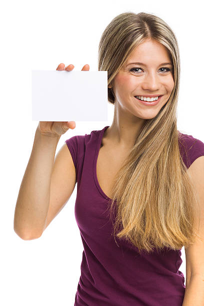 istock Young woman showing a white card 162685345