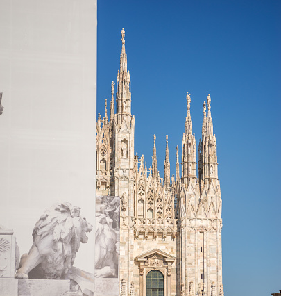 Milan Italy, Portion of Milano Duomo Cathedral with nobody skyline no place