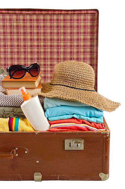 istock Vintage suitcase packed with clothes for beach vacation 162687900