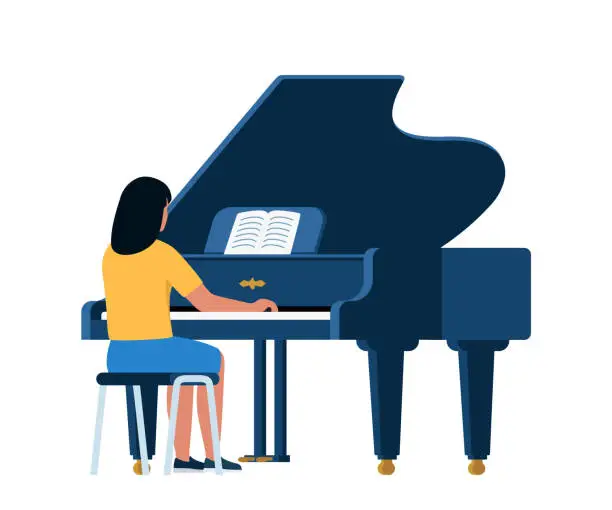 Vector illustration of Woman Pianist Playing Musical Composition on Grand Piano for Symphonic Orchestra or Opera Performance on Stage. Talented Artist Performing on Scene. Vector Illustration.