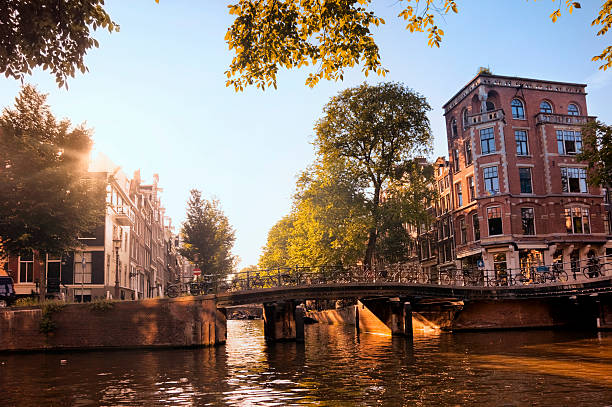 Amsterdam canal A canal in Amsterdam, Netherlands, called Herengracht, at sunset jordaan amsterdam stock pictures, royalty-free photos & images