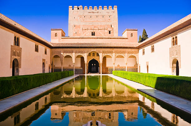 Palacios Nazaries at Alhambra in Granada, Spain Palacios Nazaries, a part of the Alhambra in Granada, Spain. Reflection in water. granada stock pictures, royalty-free photos & images
