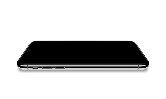 A black smartphone lying horizontally with a black blank screen and a metal gray frame on a white background