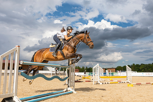 Horse jumping over an obstacle during a showjumping competition.