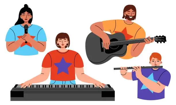 Vector illustration of Set of people with different musical instrument. Women and men with art hobby or profession. Flat vector illustration on white background.