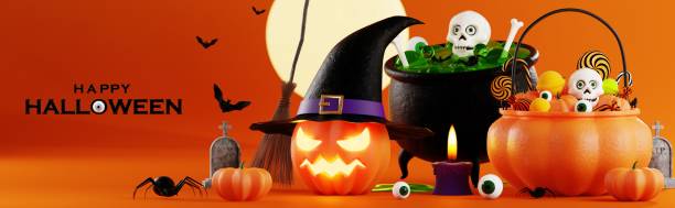 istock 3d rendering illustration design for halloween banner with pumpkin,crucifix, skull, candle, candy, givebox ,grave on background. 1626937921