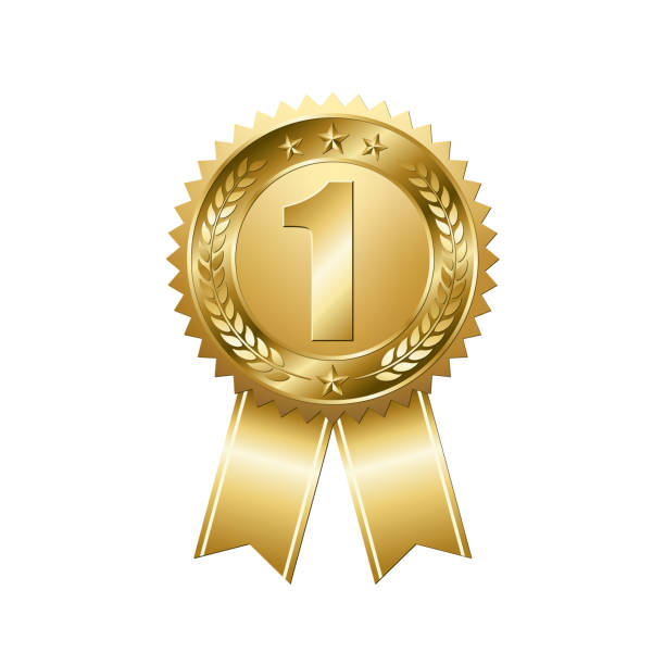 Golden First Prize Gold Medal First prize gold medal on isolated white background. Award badge with golden ribbon. Champion symbol of victory in competitive games. Vector illustration. metal laurel wreath stock illustrations
