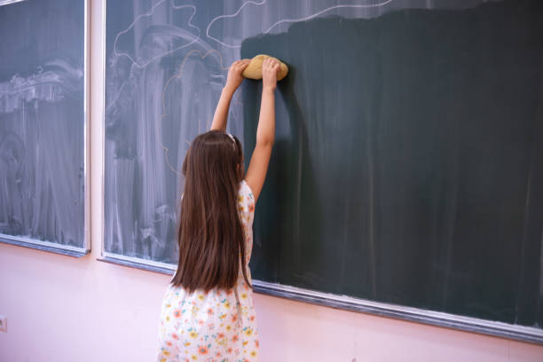 Back to School. Back of Asian cute little child boy kindergarten preschool in student uniform wiping clean or erase chalk on green school blackboard with sponge, First time to school education concept