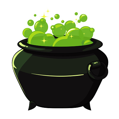 Witch magic pot. Shiny green bubbles. Vector object for casual mobile children game, Halloween post card, poster.