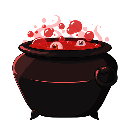 Witch magic pot. Shiny red bubbles. Vector object for casual mobile children game, Halloween post card, poster.