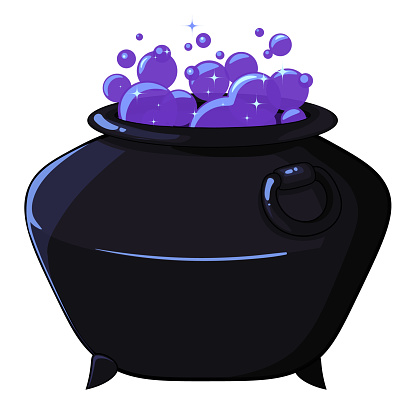 Witch magic pot. Shiny blue bubbles. Vector object for casual mobile children game, Halloween post card, poster.