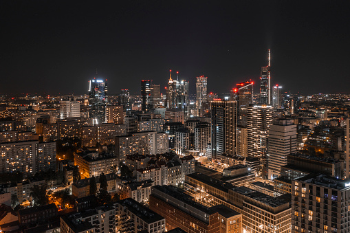 Aerial view of Warsaw city downtown skyline panorama at night. Night Warsaw landscape. Urban skyline.
