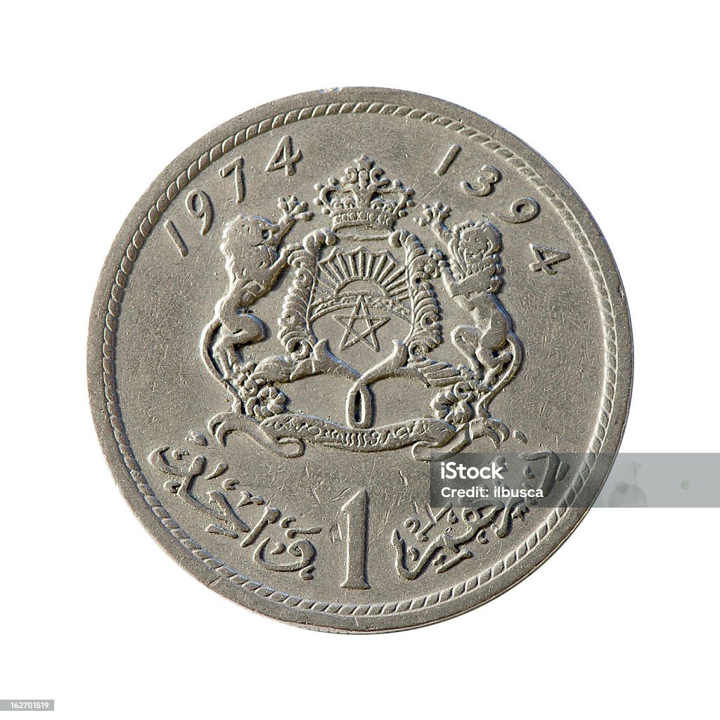 Moneta macro isolato su bianco: 1 Dirham marocchino - Foto stock royalty-free di Antico - Vecchio stile