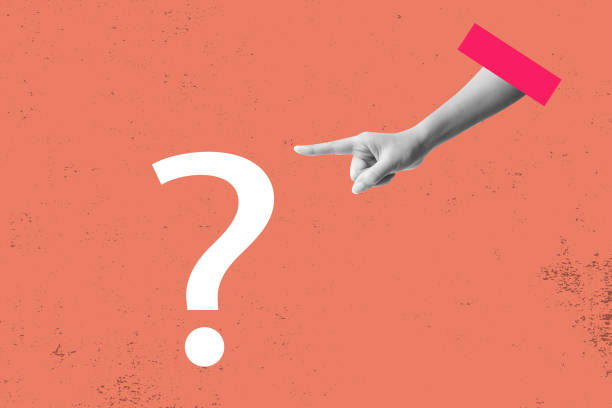 istock Female hand finger pointing with white question mark. Contemporary art 1627027160