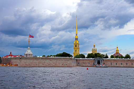 Beautiful panoramic view with water surface against a cloudy sky. St. Petersburg, Russia - August 04, 2023