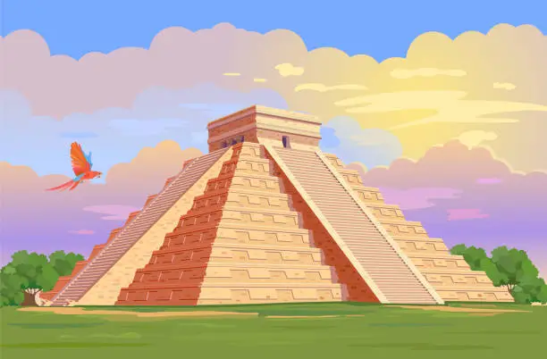 Vector illustration of El Castillo (The Kukulkan Temple) of Chichen Itza, mayan pyramid in Yucatan, Mexico. Vector Illustration of ancient Mayan pyramids in the jungle in daytime