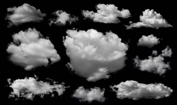 istock Clouds set isolated on black background. White cloudiness, mist or smog background. 1627047765