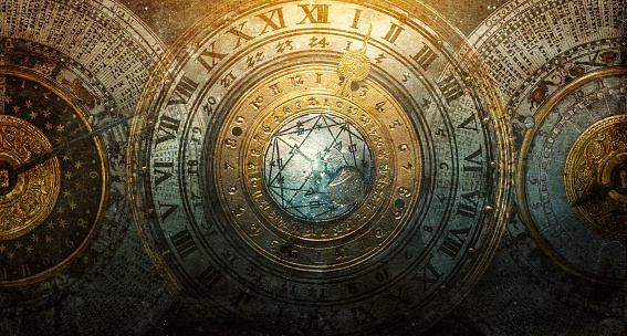 Ancient calendar with constellations and astronomical instruments against the background of stars. Symbol of science, astronomy, astrology, mystery, education, mysticism, numerology, occultism, divination, philosophy.