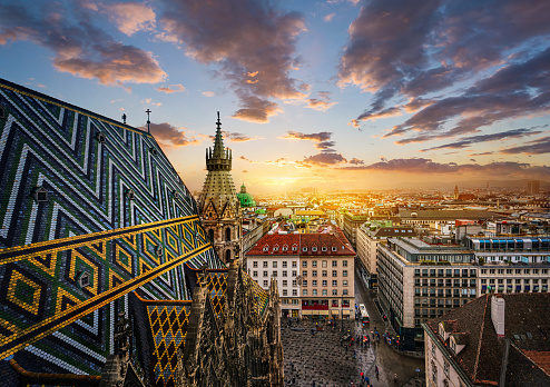 View of Vienna from the roof of St. Stephen's Cathedral, Vienna, Austria. St. Stephen's Cathedral is a symbol and landmark of the city of Vienna.