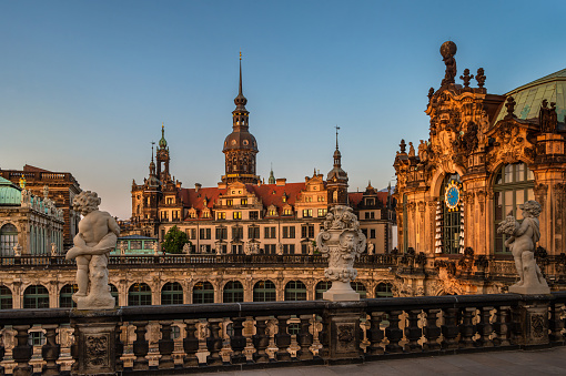 Zwinger palace (Der Dresdner Zwinger) Art Gallery of Dresden with hausmannsturm in background. Dresden, Saxony, Germany.