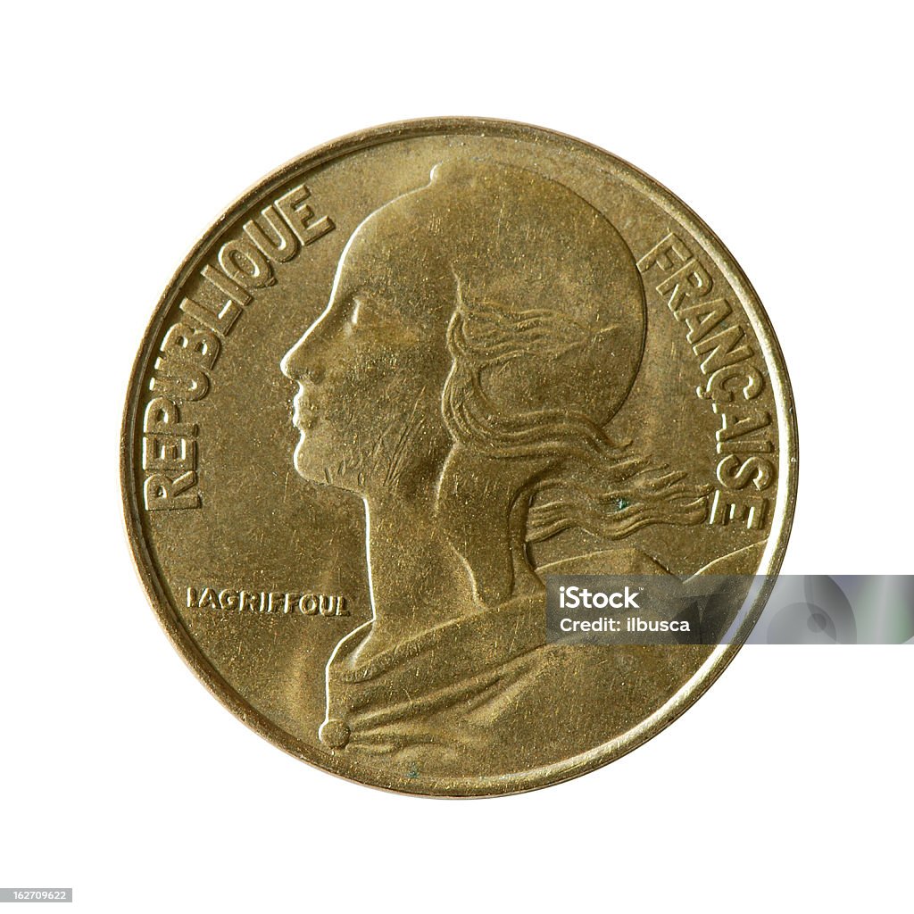 Moneta macro isolato su bianco: Venti Centimes del franco francese - Foto stock royalty-free di Antico - Vecchio stile