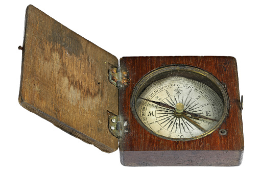 ancient portable compass in wooden case isolated on white background