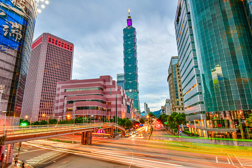 Taipei, Taiwan - November 25, 2018:Taipei city skyline and downtown buildings with Taipei 101 skyscraper at Twilight time in Taiwan