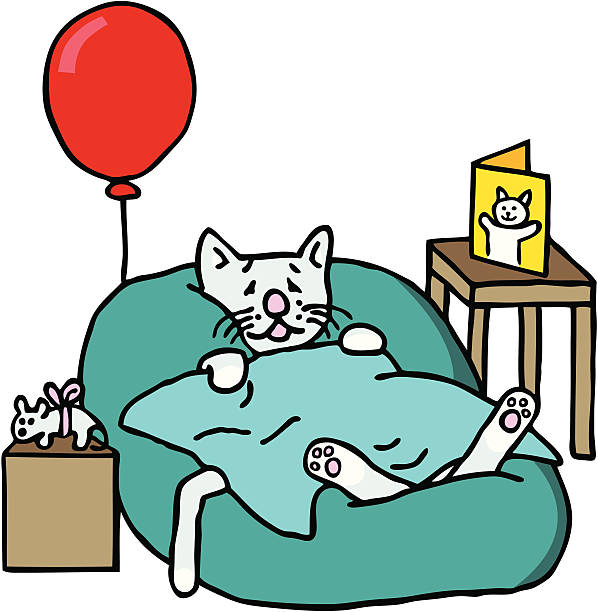 Sick Cat A sick cat in bed with a balloon, a gift and a get well card. get well soon stock illustrations