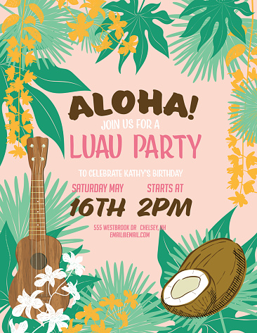Tropical Plants Summer Luau Party Invitation template. Assorted plants and leaves. Text is on its own layer.