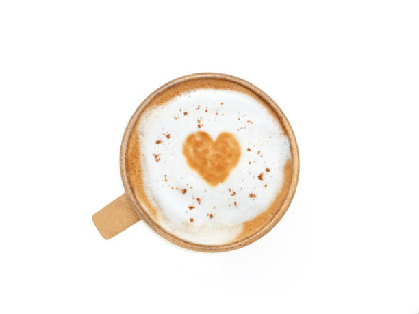 istock Hot latte coffee with art heart shape in brown ceramic mug isolated on white background. 1627131187