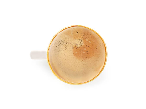 istock Top view, flat lay hot coffee in a white mug with brown rim isolated on white background. 1627131205