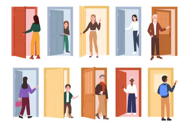 Vector illustration of People opening doors set, young and old characters entering or leaving office or home