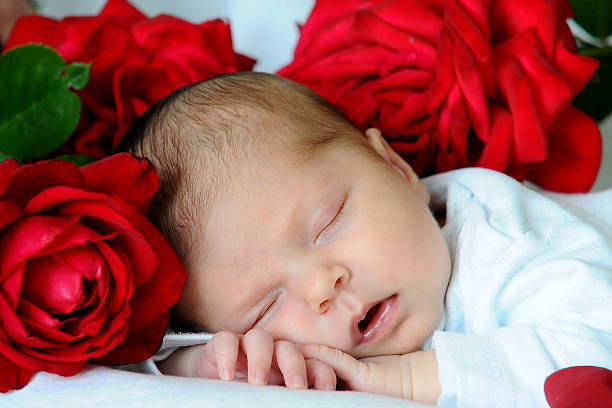 Sleeping baby with red roses