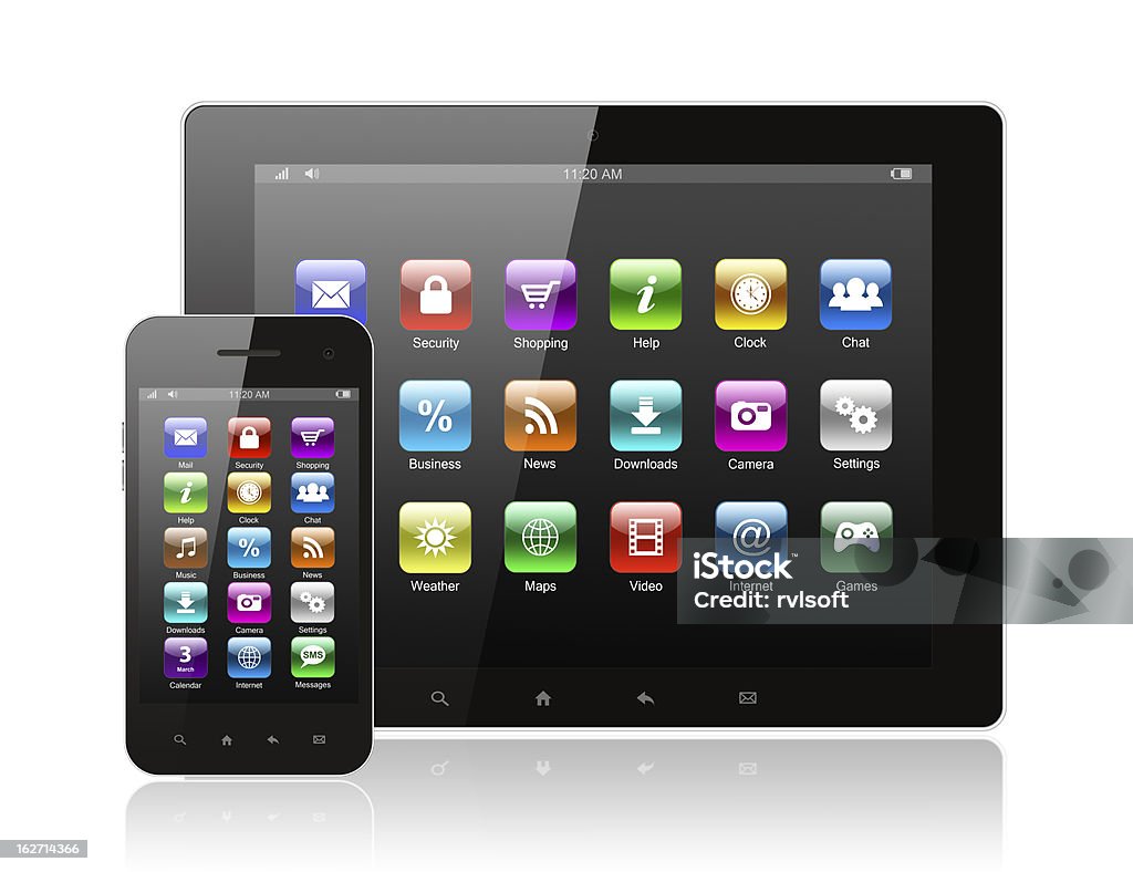 Tablet pc and smart phone with icons Tablet pc and smart phone with icons on white background Black Color Stock Photo
