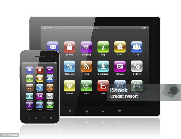 Tablet Pc And Smart Phone With Icons Stock Photo - Download Image Now - Black Color, Business, Communication