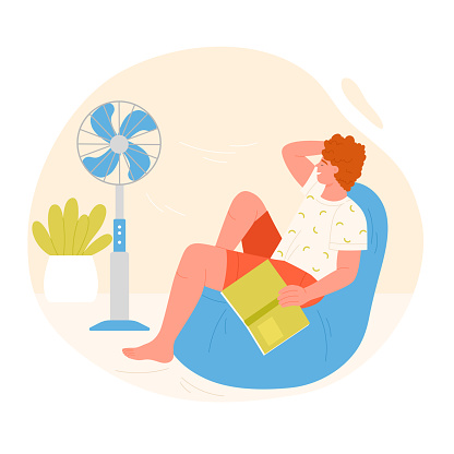 Cartoon isolated hot summer scene with man. Boy cooling at electric ventilator blowing, sitting at home vector illustration