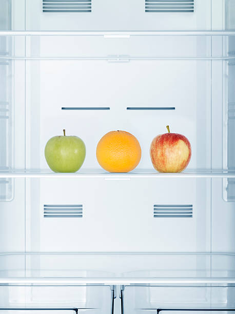 frutas no frigorífico - three different refrigerators imagens e fotografias de stock