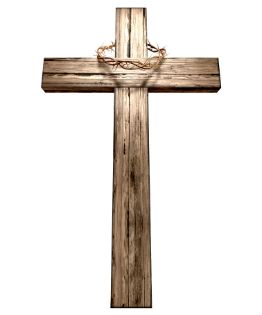 A wooden cross that has a christian woven crown of thorns on it depicting the crucifixion on an isolated background