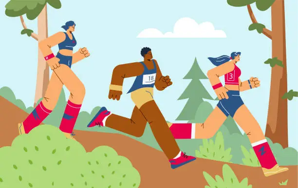 Vector illustration of Group of women running marathon through park or forest, cartoon flat vector illustration.