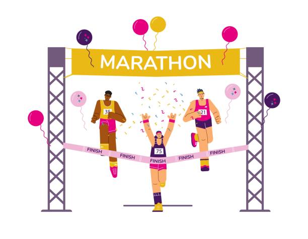 illustrations, cliparts, dessins animés et icônes de personnes coureurs de marathon franchissant la ligne d’arrivée, championnat multinational de course de marathon, personnages de dessins animés de sport vectoriel - marathon running jogging competition